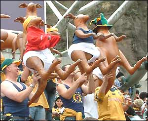 Australian fans wave blow-up kangaroos