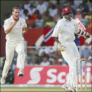 Simon Jones takes  his only wicket as  Pedro Collins goes for  seven