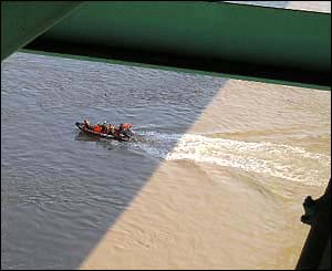 Avon Ambulance personnel rescuing a man from the inside of the Second Severn Crossing