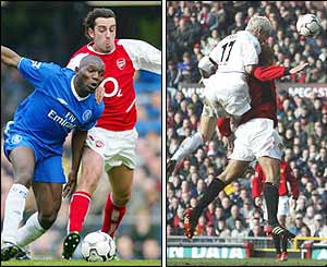 Goalscorer Edu charges past Chelsea's Geremi (left) whilst Alan Smith nods home for  Leeds (right)
