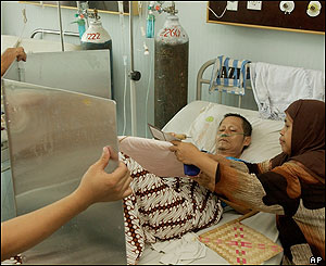 Asyiah, right, helps her husband Asmat to vote in a Jakarta hospital