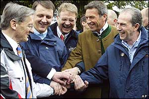 Austrian Chancellor Wolfgang Schuessel, Slovenian PM Anton Rop, Peter Ambrozy from the Carinthian Social Democrats, Carinthia's Governor Joerg Haider and Italy's  Enrico La Loggia