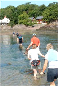 The Carmarthen Sartorius gym club on a walk in Pembrokeshire on stepping stones at Sandy Haven  (Chris Jones)