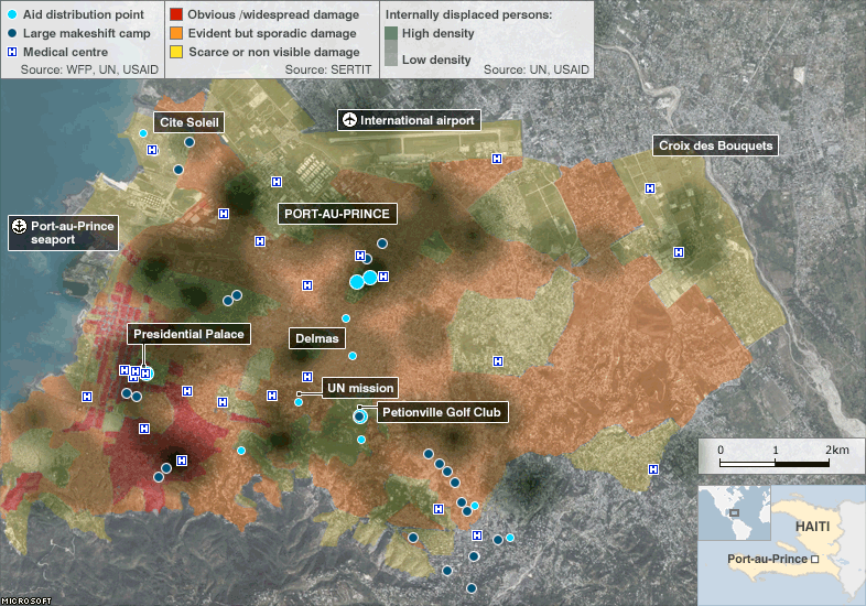 For the combined image: This map shows the extent of damage to Port-au-Prince and the distribution of displaced people across the city.