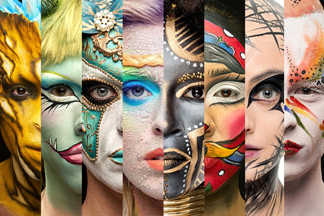 8 partially visible faces with makeup