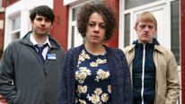 Clive (Rob James-Collier), Ally (Alicya Eyo) and Bugsy (Shaun Mason)
