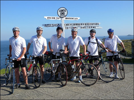 Picture 1: The start at Lands End. Jonny Armour, Chris Gibbs, Alex Jordan, Chris Jordan, Ian Plumley and Tom Wesley