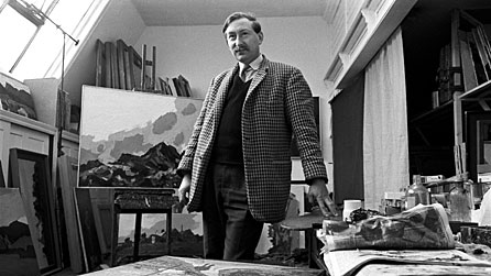 Black and white image of Kyffin Williams in an art studio, taken in 1966