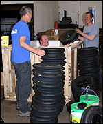 Picture: the team pack their equipment into crates
