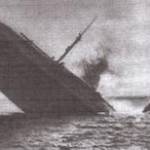 The Marco Foscarini sinking.  Photograph taken from HMS Unison (Sub) April 1943
