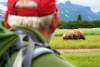 Derek Stonorov watching one of his Brown Bears grazing close by.