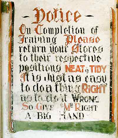 Hand painted notice about tidiness and order