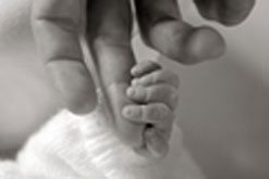 Baby and adult clasp hands