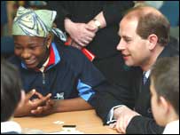 The Earl  of Wessex talking to children at Alma Park Primary School