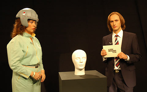 Pam wearing the memory helmet