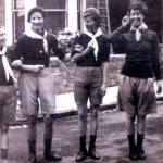 VE Day street party 8th May 1945 Rugby Road Brislington  From left to right  ;   Mrs Bigwood, Mrs Lucas, Mrs Bolwell and Mrs Lily Stone  Mr Bolwell in the backgound and Alan Winterson, contibutor’s brother, far right  It was a fancy dress party and the ladies dressed as scouts