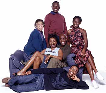 Mona Hammond as Grandma, Rudolph Walker as Grandpa, Ony Uhiara as Adele, Akemnji Ndifornyen as Aiden, Robbie Gee as Roly and Jo Martin as Natalie in The Crouches