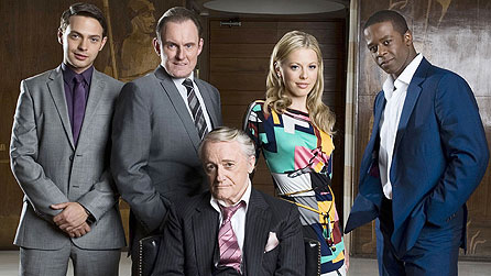 Hustle series five. From left: Matt Di Angelo, Robert Glenister, Robert Vaughn, Kelly Adams and Adrian Lester (image: BBC/Kudos/Amanda Searle)