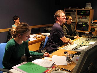 Foreground: Helen Chattwell (Producer) and Paul Deeley (Sound Engineer) at the helm in the Control Room