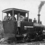 MPQ Advanced Base 1944. 345 Company's Hudswell Hunslett 0-4-0 two foot gauge steam locomotive. It pulled trains of boulders from the Dhansiri River to stone crushers on the Imphal Road. L to R Engine Driver Steam Spr Dhani Ram, Naik Nur Khan, Hav.Clk Ghulam Ahmed Nissar,  Capt Alan Shaw RE