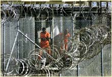 A picture of prisoners being held at Camp X-Ray in Cuba.