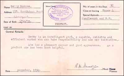 Betty Morrow's School report 1950