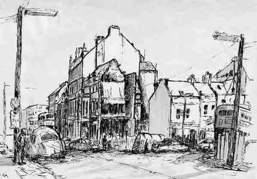 Belfast roadworks at Oxford Street/Ann Street junction in 1964.  Original drawing by Brian Willis.