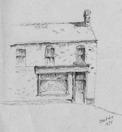 Shop in Millfield area of Belfast, 1971. Original drawing by Brian Willis.