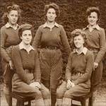 The land girls of 1947 - Ella Evans (nee Kimball) is in the middle of the back row with Lilian Earshaw (left) and Enid Williams.  At the front are Joan Bradley and Morfydd Edwards