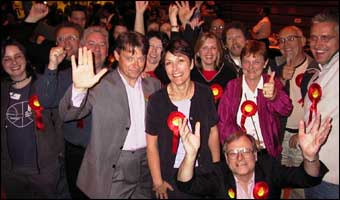 The triumphant Dawn Primarolo (centre) after the Bristol South count