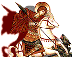 Saint George on his horse attacking the dragon with a lance in an old religious painting