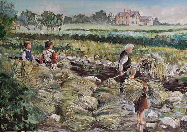 Three generations at work at the flax dam