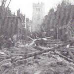 1945 German V2 Rocket Disaster in HighBridge   Street in Waltham Abbey, Essex. (Waltham Abbey Church in the background)