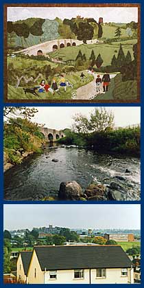 1. Old Callan Bridge wall hanging 2. Photo of Callan Bridge in 2003 3. View of windmill and C of I Cathedral, 2003