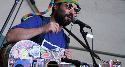 Adam Buxton slams it to the Hub tent crowds...