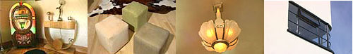 Juke box and sideboard, suede cube seats, light shade, Le Corbusier architecture
