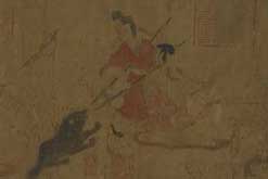 The Admonitions Scroll. A virtuous concubine intercepts a black bear about to attack the emperor.