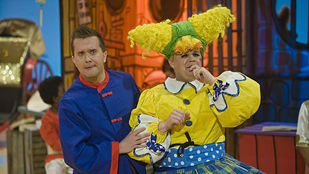 Phil Gallagher as Wishy Washy and Justin Fletcher as Nana Knickerbocker Twanky