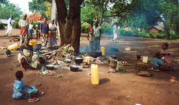 Relatives of patients cook under a tree