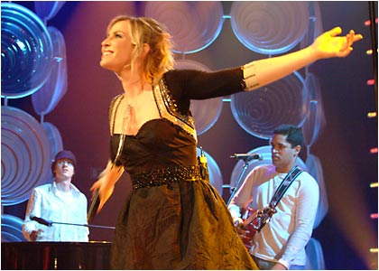 Natasha Bedingfield on stage at the R1 / TOTP Christmas Party