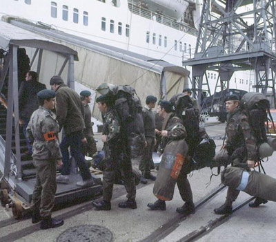 British soldiers prepare to leave for the Falkland Islands