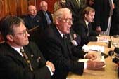Image of the DUP leader Dr Ian Paisley addressing a press conference