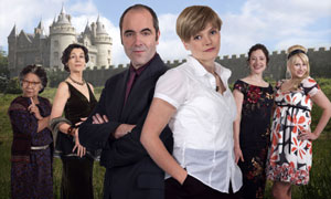 Cinderella: (L-R) Mona Hammond as Alice, Harriet Walter as Professor Brooks, James Nesbitt as Professor HM Prince, Maxine Peake as Cindy, Lucinda Raikes as Phoebe and Lucy Punch as Fenola
