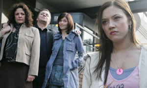 Pauline (Kathryn Hunt), Murray (Lee Boardman) and Ashley (Sinead Moynihan), look on at an annoyed Jade (Linzey Cocker)