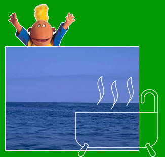 Jake peaking over sea and drawing of steaming bath 