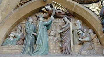Close up of heaven panel. Judgement Day carving above entrance door of St Michael's, Enniskillen