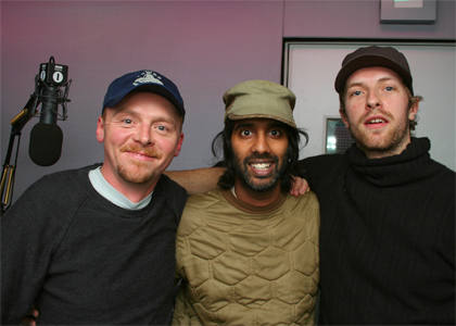 EVENT RADIO! L to R - Simon Pegg, Nihal and Chris Martin