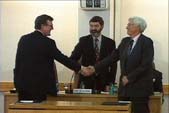 Image of David Trimble and Seamus Mallon shaking hands after their election, 1 July 1998