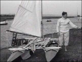 Black and white photograph of the brothers' catamaran