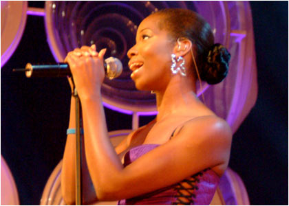Jamelia on stage at the R1 / TOTP Christmas Party